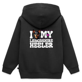 J'adore mon Lancashire Heeler - Sweat Premium à capuche zippé enfant bio - noir - Dos - AI Model Kid Male (0cm)
