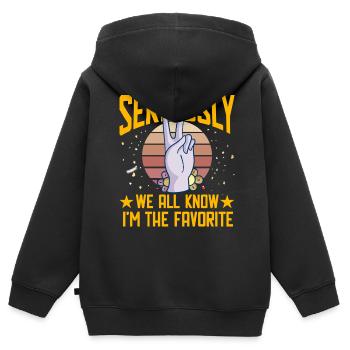 Im Ernst, wir alle wissen, dass ich der Favorit bin - Kinder Premium Organic Zip Hoodie - Schwarz - Hinten - AI Model Kid Male (0cm)