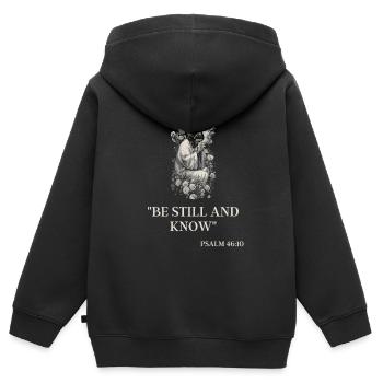 Jésus : Résurrection, Crucifixion, Roi des rois - Sweat Premium à capuche zippé enfant bio - noir - Dos - AI Model Kid Male (0cm)
