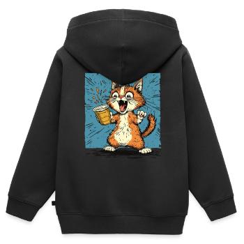 Chat excité avec du café dans le style comique - Sweat Premium à capuche zippé enfant bio - noir - Dos - AI Model Kid Male (0cm)