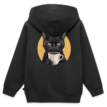 Chat réaliste avec du café - Rituel du matin - Sweat Premium à capuche zippé enfant bio - noir - Dos - AI Model Kid Male (0cm)