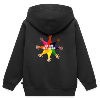 humain,LGBT,Arc-en-ciel,nous sommes un monde,mains - Sweat Premium à capuche zippé enfant bio - noir - Dos - AI Model Kid Male (0cm)