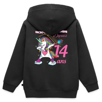 Incroyable et Magique Depuis 14 ans Licorne - Sweat Premium à capuche zippé enfant bio - noir - Dos - AI Model Kid Male (0cm)