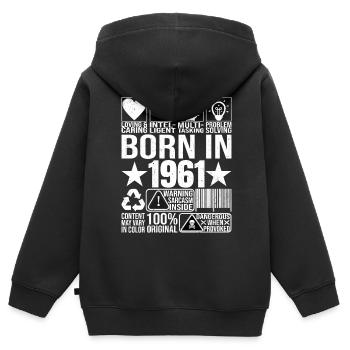 Né en 1961 Content Warning Label Barcode - Sweat Premium à capuche zippé enfant bio - noir - Dos - AI Model Kid Male (0cm)