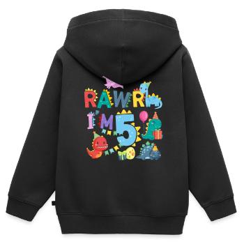 Rawr Je suis 5 | | de dinosaures Rawr 5ème anniversaire - Sweat Premium à capuche zippé enfant bio - noir - Dos - AI Model Kid Male (0cm)