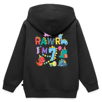 Rawr Je suis 7 | | de dinosaures Rawr 7ème anniversaire - Sweat Premium à capuche zippé enfant bio - noir - Dos - AI Model Kid Male (0cm)