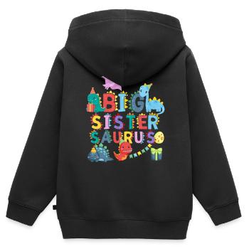 Grande sœur Saurus | Tshirt dinosaure Rawr - Sweat Premium à capuche zippé enfant bio - noir - Dos - AI Model Kid Male (0cm)
