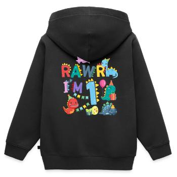 Rawr Je suis 1 | | de dinosaures Rawr 1er anniversaire - Sweat Premium à capuche zippé enfant bio - noir - Dos - AI Model Kid Male (0cm)