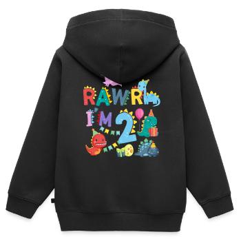 Rawr Je suis 2 | | de dinosaures Rawr 2ème anniversaire - Sweat Premium à capuche zippé enfant bio - noir - Dos - AI Model Kid Male (0cm)