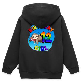 Anniversaire 12 Filles Mignon Bébé Paresseux - Sweat Premium à capuche zippé enfant bio - noir - Dos - AI Model Kid Male (0cm)