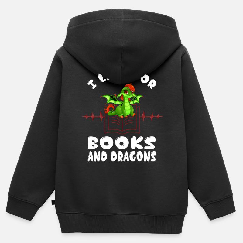 Je vis pour les livres et les dragons Heartbeat Library - Sweat Premium à capuche zippé enfant bio - noir