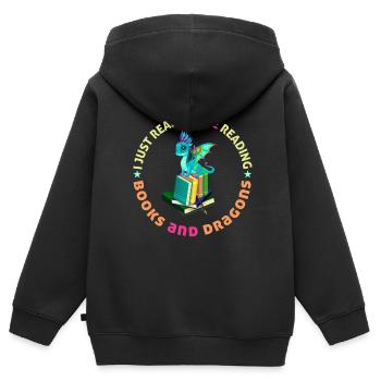 J’adore lire des livres et des dragons - Sweat Premium à capuche zippé enfant bio - noir - Dos - AI Model Kid Male (0cm)
