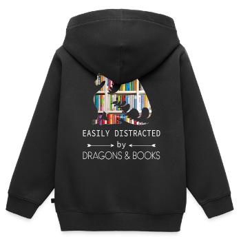 Facilement distrait par les dragons et la lecture de livres - Sweat Premium à capuche zippé enfant bio - noir - Dos - AI Model Kid Male (0cm)