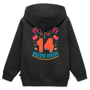 Cette fille a maintenant 14 | Thème Cupcake - Sweat Premium à capuche zippé enfant bio - noir - Dos - AI Model Kid Male (0cm)