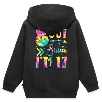 Paix de seize ans, j’ai 17 | Teinture de cravate - Sweat Premium à capuche zippé enfant bio - noir - Dos - AI Model Kid Male (0cm)