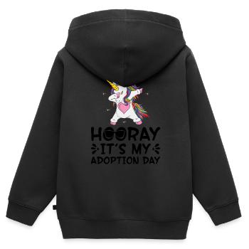 Hourra, aujourd’hui est mon jour d’adoption - Sweat Premium à capuche zippé enfant bio - noir - Dos - AI Model Kid Male (0cm)