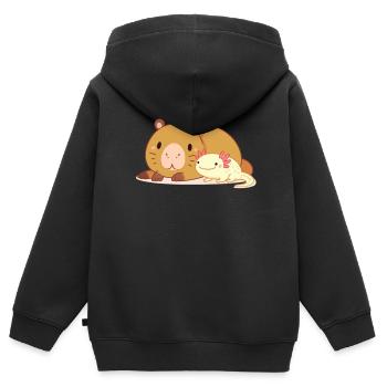 Mignon axolotl épais avec Capybara - Sweat Premium à capuche zippé enfant bio - noir - Dos - AI Model Kid Male (0cm)