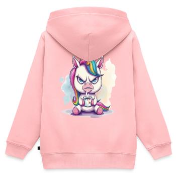 Une licorne à l’air furieux, tenant une tasse de café - Sweat Premium à capuche zippé enfant bio - rose - Dos - AI Model Kid Female (0cm)