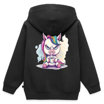 A angry looking unicorn, holding a cup of coffee - Kids Premium Organic Zip-up Hoodie - black - Back - AI Model Kid Male (0cm)