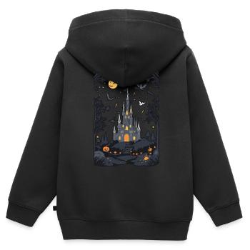 Château hanté effrayant Château hanté magique - Sweat Premium à capuche zippé enfant bio - noir - Dos - AI Model Kid Male (0cm)