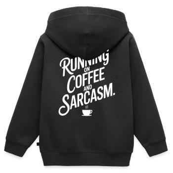 "Running on Coffee and Sarcasm" Bold Text Design - Kids Premium Organic Zip-up Hoodie - black - Back - AI Model Kid Male (0cm)