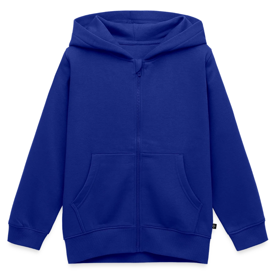 Geneva badge on a kids premium organic zip-up hoodie, royal blue