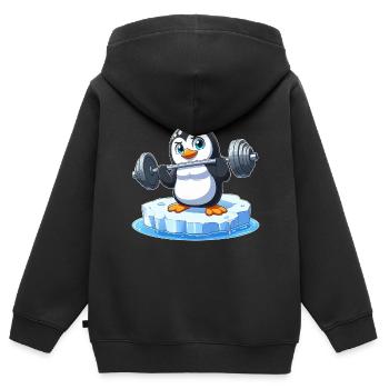 Pinguin Gewichtheber auf schmelzender Eisscholle - Kinder Premium Organic Zip Hoodie - Schwarz - Hinten - AI Model Kid Male (0cm)