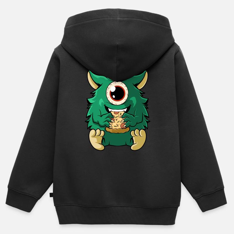 Un monstre mignon mange de la pizza - Sweat Premium à capuche zippé enfant bio - noir