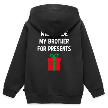 Werde meinen Bruder gegen Geschenke eintauschen - Kinder Premium Organic Zip Hoodie - Schwarz - Hinten - AI Model Kid Male (0cm)