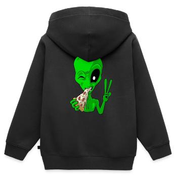 Alien mange de la pizza - Sweat Premium à capuche zippé enfant bio - noir - Dos - AI Model Kid Male (0cm)