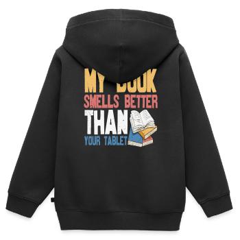 Mon livre sent mieux que votre tablette Citations de livre - Sweat Premium à capuche zippé enfant bio - noir - Dos - AI Model Kid Male (0cm)