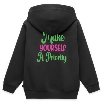 Machen Sie sich zu einer Priorität Psychische Gesundheit - Kinder Premium Organic Zip Hoodie - Schwarz - Hinten - AI Model Kid Male (0cm)