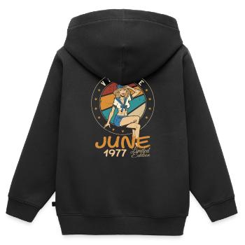 Millésime 1977 - Né en Juin 1977 - Sweat Premium à capuche zippé enfant bio - noir - Dos - AI Model Kid Male (0cm)