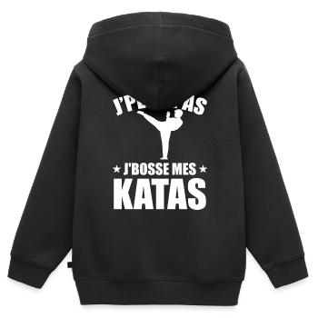 Je Peux Pas Je Bosse Mes Katas - Sweat Premium à capuche zippé enfant bio - noir - Dos - AI Model Kid Male (0cm)
