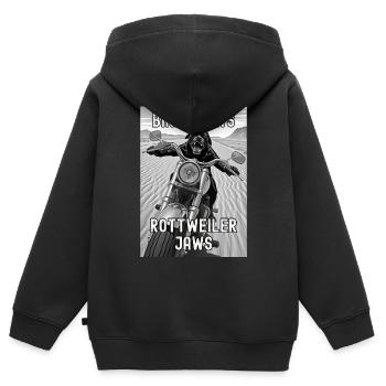 Rottweiler-Hund fährt Motorrad in der Wüste - Kinder Premium Organic Zip Hoodie - Schwarz - Hinten - AI Model Kid Male (0cm)