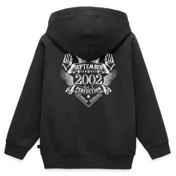 Septembre 2002 | Septembre 2002 anniversaire 2002 - Sweat Premium à capuche zippé enfant bio - noir - Dos - AI Model Kid Male (0cm)