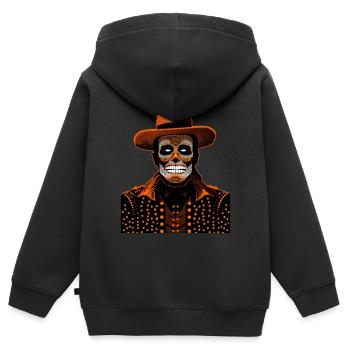 Ein Mann mit Skelettgesicht, der einen Hut und einen schicken Mantel trägt - Kinder Premium Organic Zip Hoodie - Schwarz - Hinten - AI Model Kid Male (0cm)