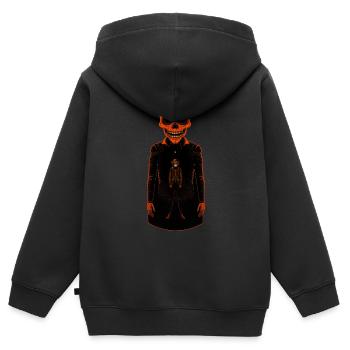 Ein orangefarbenes Skelett trägt einen Mantel. Huamn Figur - Kinder Premium Organic Zip Hoodie - Schwarz - Hinten - AI Model Kid Male (0cm)