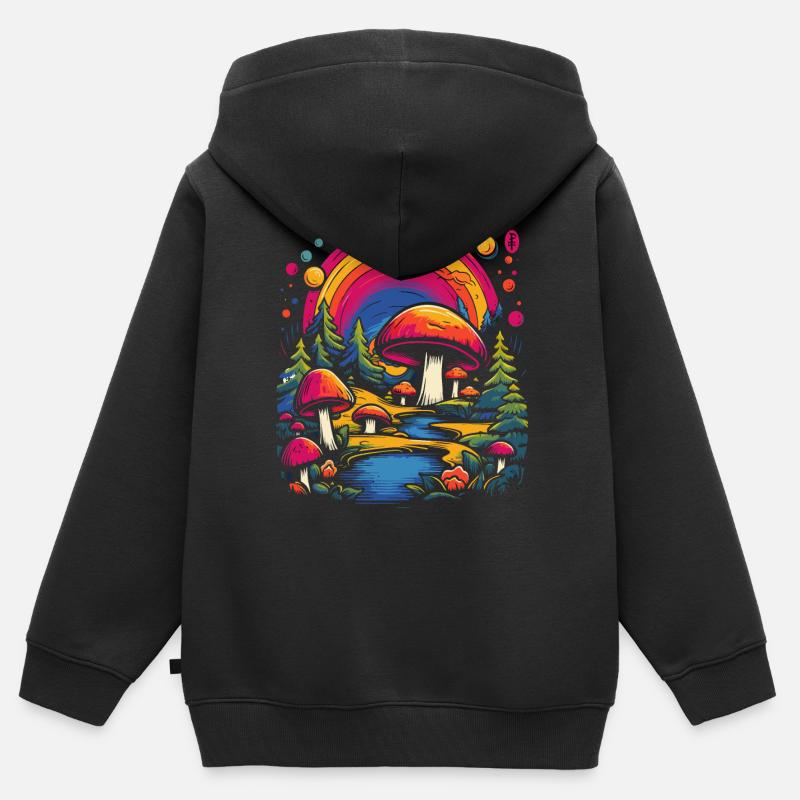 Champignons naturels arc-en-ciel dans la forêt du pays des merveilles des champignons - Sweat Premium à capuche zippé enfant bio - noir