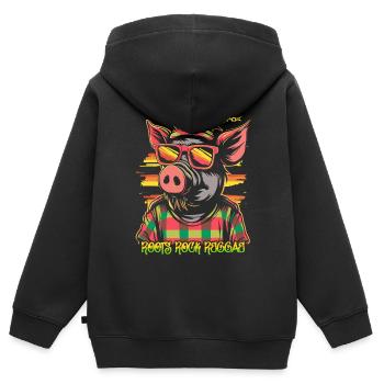 ROOTS ROCK REGGAE Cooles Schwein - Kinder Premium Organic Zip Hoodie - Schwarz - Hinten - AI Model Kid Male (0cm)
