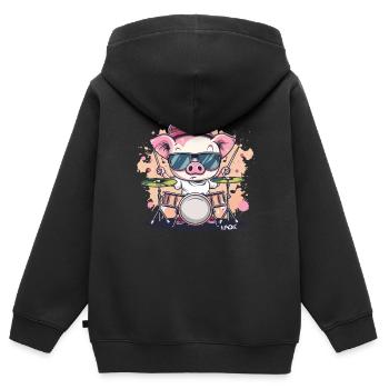 Rockmusik und ein lustiges Schlagzeuger-Schwein - Kinder Premium Organic Zip Hoodie - Schwarz - Hinten - AI Model Kid Male (0cm)