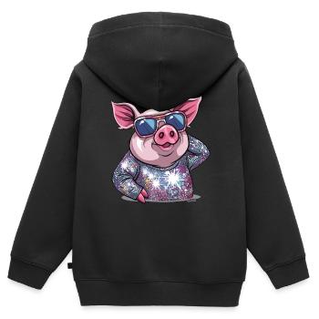 Cochon de danse disco scintillante Diva - Sweat Premium à capuche zippé enfant bio - noir - Dos - AI Model Kid Male (0cm)