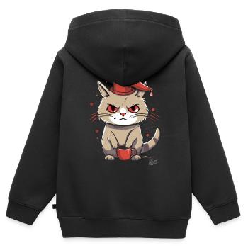 Kaffee Katze mit Hut: Die Morgenmuffel Mieze - Kinder Premium Organic Zip Hoodie - Schwarz - Hinten - AI Model Kid Male (0cm)