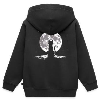 Chat regardant la lune - Sweat Premium à capuche zippé enfant bio - noir - Dos - AI Model Kid Male (0cm)