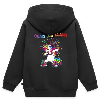 Licorne Ouais J'Ai 14 Ans Humour Anniversaire 14 - Sweat Premium à capuche zippé enfant bio - noir - Dos - AI Model Kid Male (0cm)