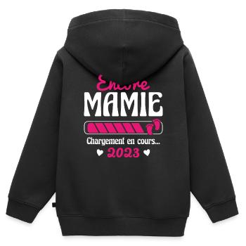 Encore Mamie En 2023 Cadeau Future Grand-mère - Sweat Premium à capuche zippé enfant bio - noir - Dos - AI Model Kid Male (0cm)