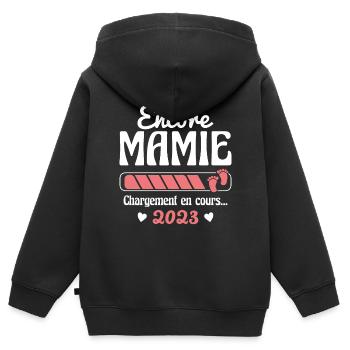 Encore Mamie En 2023 Cadeau Future Grand-mère - Sweat Premium à capuche zippé enfant bio - noir - Dos - AI Model Kid Male (0cm)