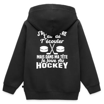 Dans matête je joue au Hockey Cadeau Humour Hockey - Sweat Premium à capuche zippé enfant bio - noir - Dos - AI Model Kid Male (0cm)