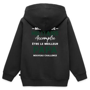 Militaire Futur Papa Cadeau Drôle Fête Des Pères - Sweat Premium à capuche zippé enfant bio - noir - Dos - AI Model Kid Male (0cm)