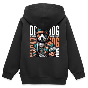 URBAN CHIC: HUND UMARMT DAS STADTLEBEN MIT STIL - Kinder Premium Organic Zip Hoodie - Schwarz - Hinten - AI Model Kid Male (0cm)